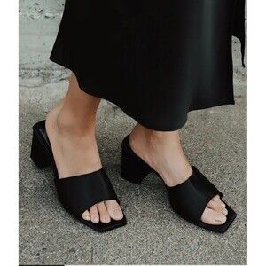 Lulus Mule Sandals Black Womens 10 Black Yarie Satin Peep Toe Block Heel